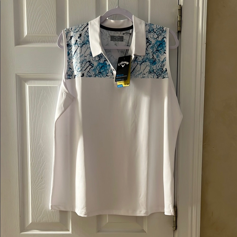NWT Callaway White and Blue Patterned Sleeveless Golf Shirt